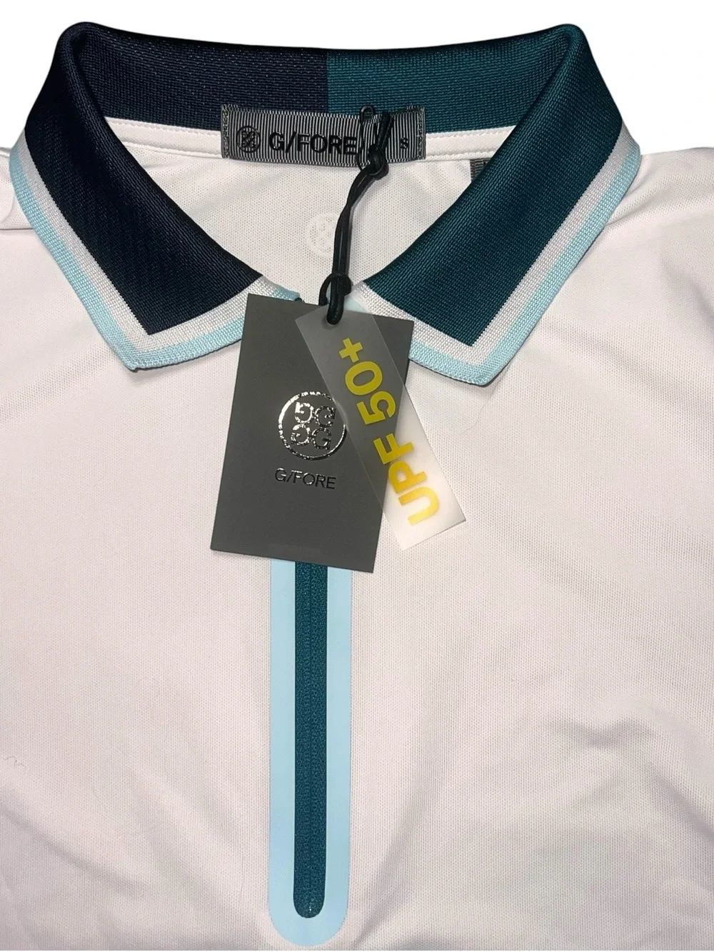 G/FORE White Polo Shirt with Teal and Navy Trim Womens Golf Short Preppy Small - Picture 2 of 7